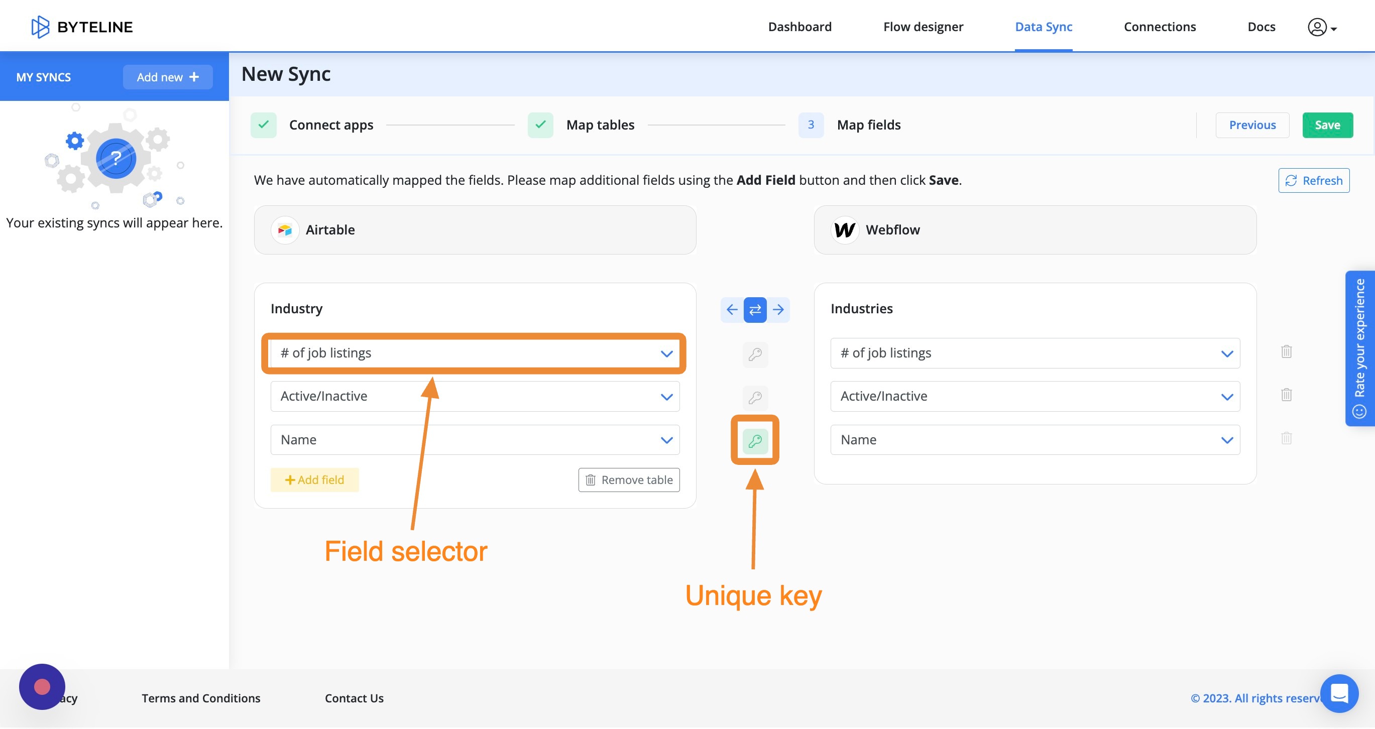 Screenshot of: Select the fields that you would like to by synced by clicking on the dropdown