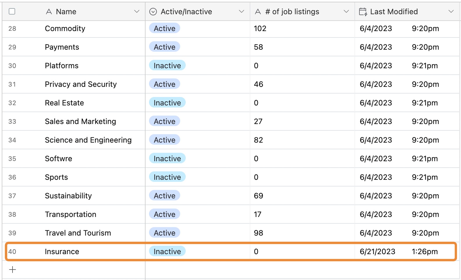 Screenshot of: The change is reflected in Airtable as expected.